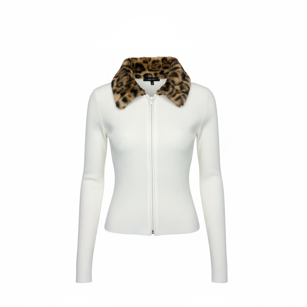 Ribbed Leopard Collar Zip Top