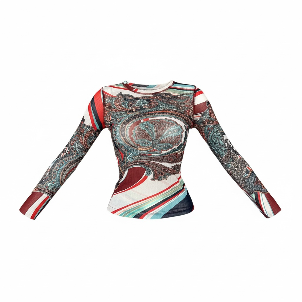 Paisley Print Mesh Long Sleeve Top