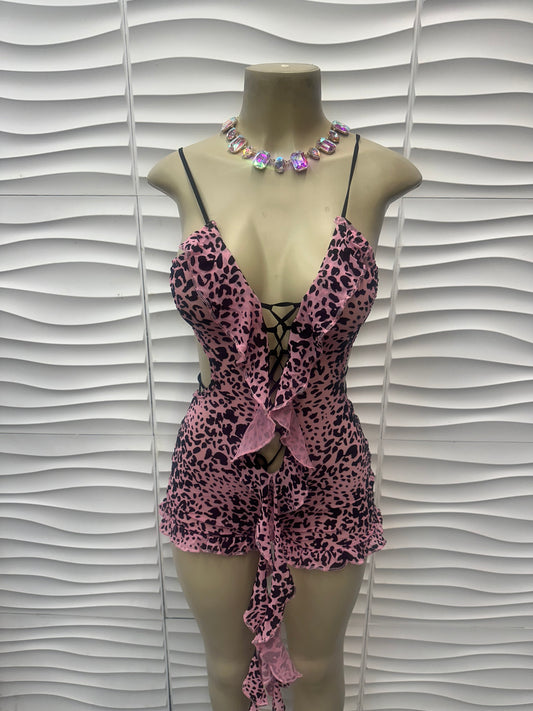 Pink Wild Ruffle Lace-Up Romper