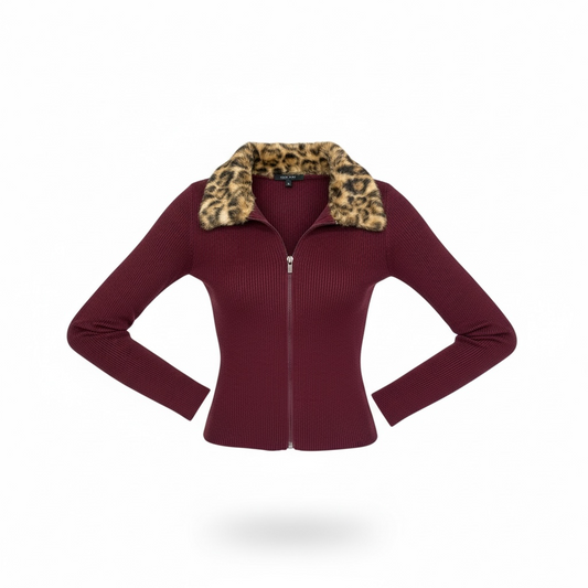 Ribbed Leopard Collar Zip Top