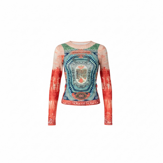 Money Graphic Mesh Long Sleeve Top