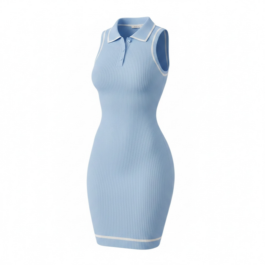 Sky Blue Ribbed Polo Mini Dress