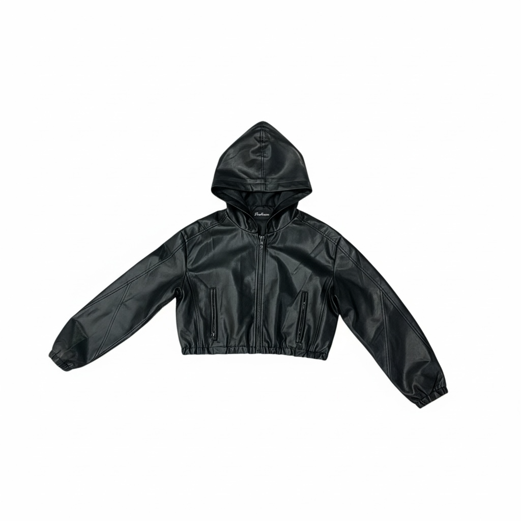 Faux Leather Hoodie Jacket – Black