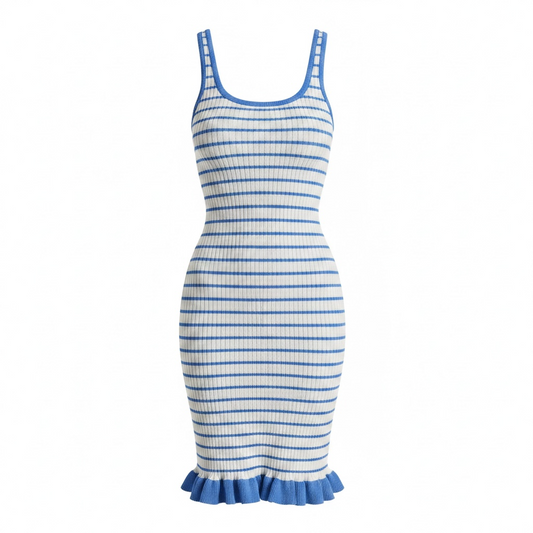 Blue & White Striped Ruffle Midi Dress