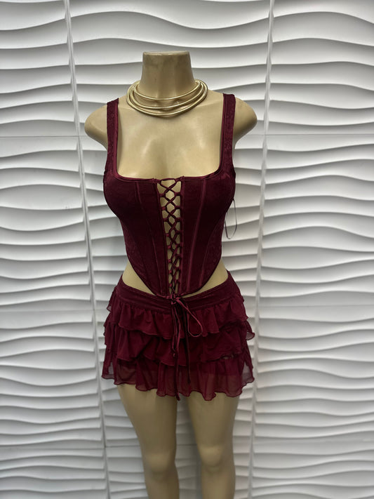 Wine & Ruffle Lace-Up Set