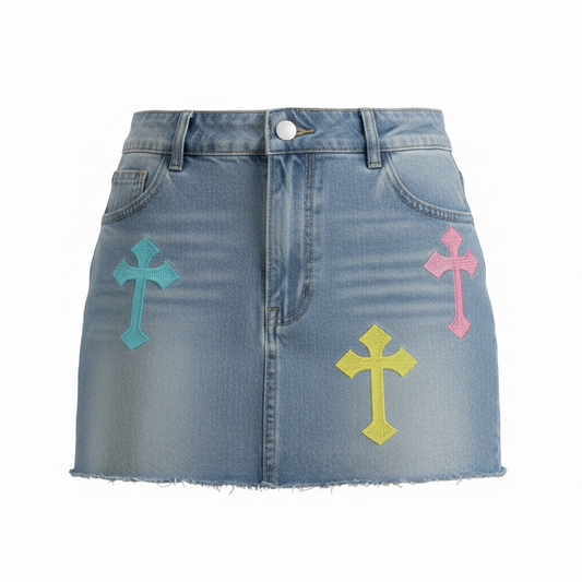 Pastel Cross Denim Mini Skirt